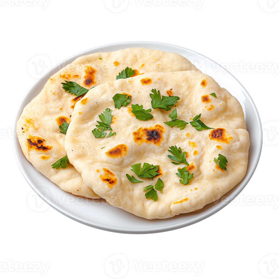 Freshly baked naan bread with cilantro on transparent background png
