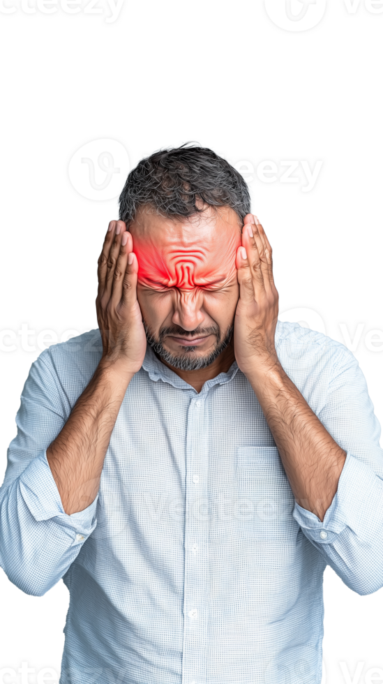 Man experiencing severe headache with hands on head on transparent background png