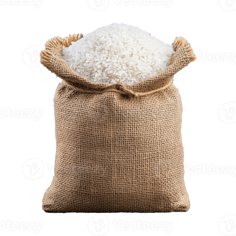 Burlap sack filled with uncooked white rice on transparent background png