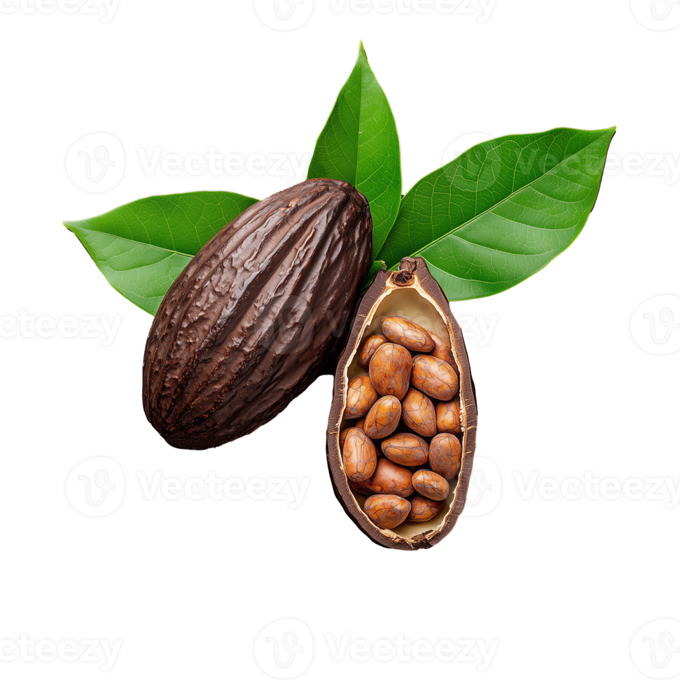 Cocoa pod with green leaves and cocoa beans on transparent background png