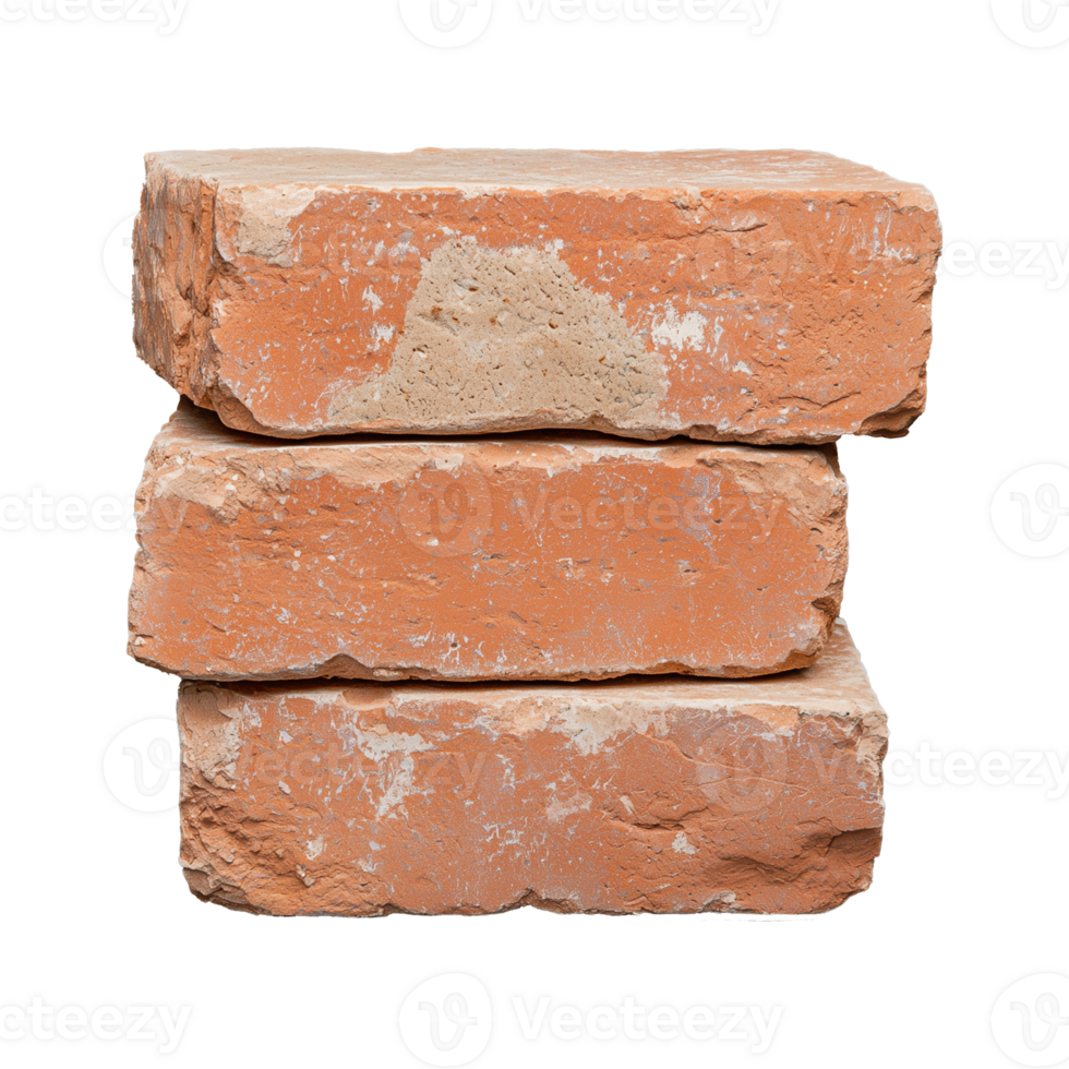 Stacked red bricks with rough texture and weathered surface on transparent background png