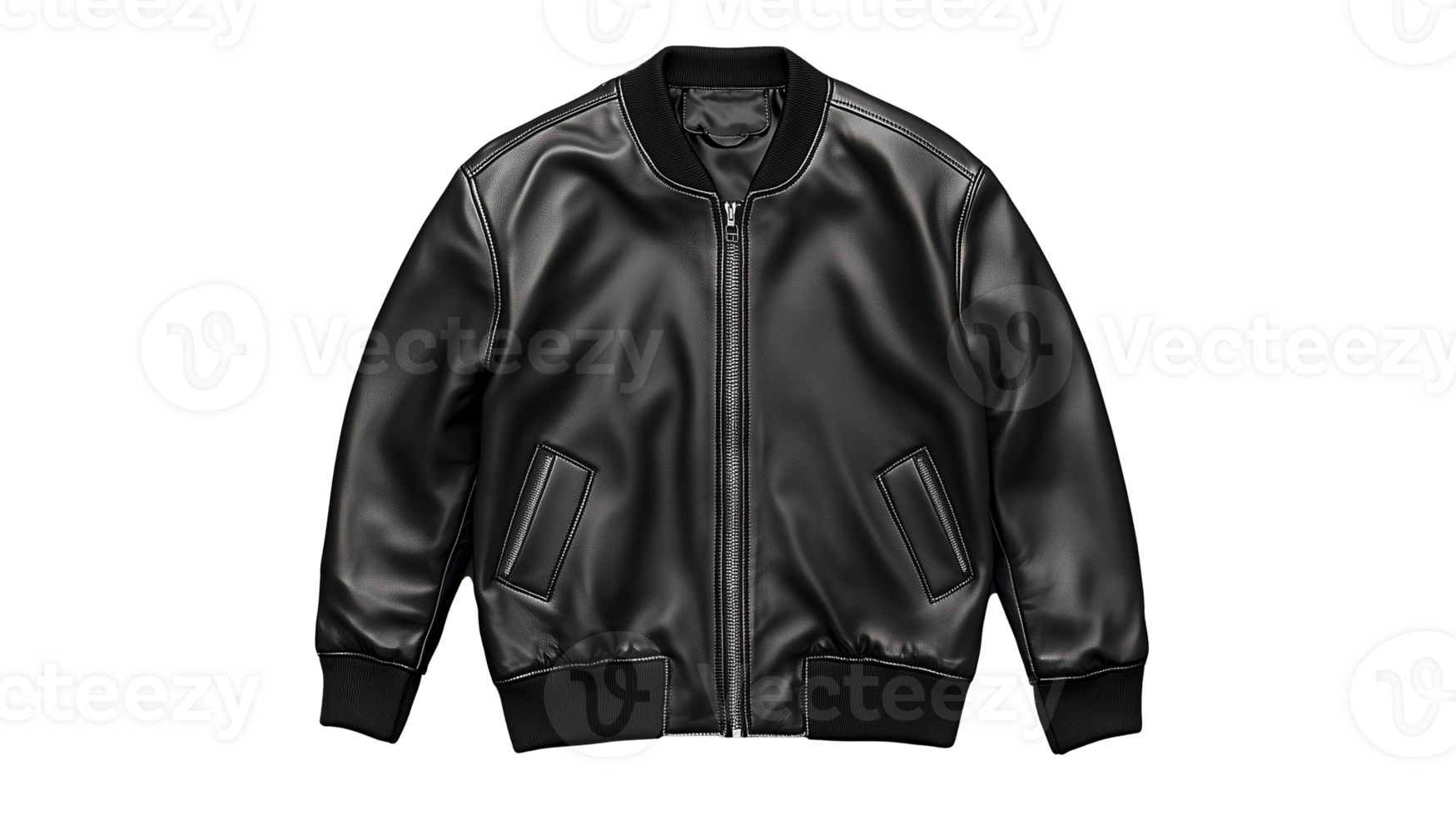 Black leather bomber jacket with zippered closure and pockets on transparent background png