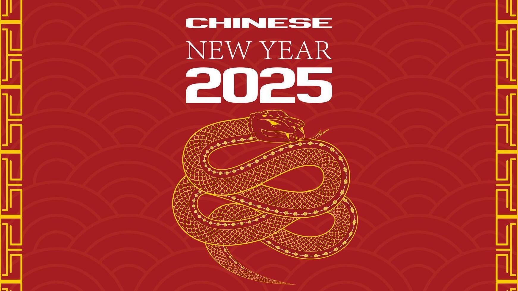 Chinese New Year. Elegant red banner with gold accents, snake centrepiece, Chinese waves, and geometric side frames for 2025. vector