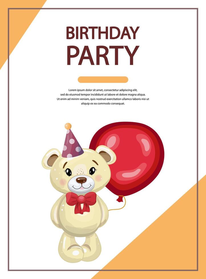 Birthday party invitation with teddy bear, balloon and ribbon vector