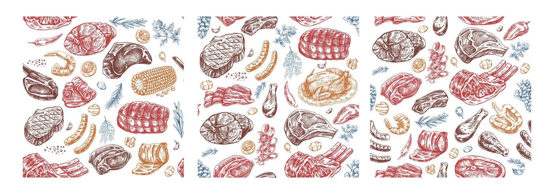 Seamless hand-drawn pattern of meat cuts with colorful spices vector