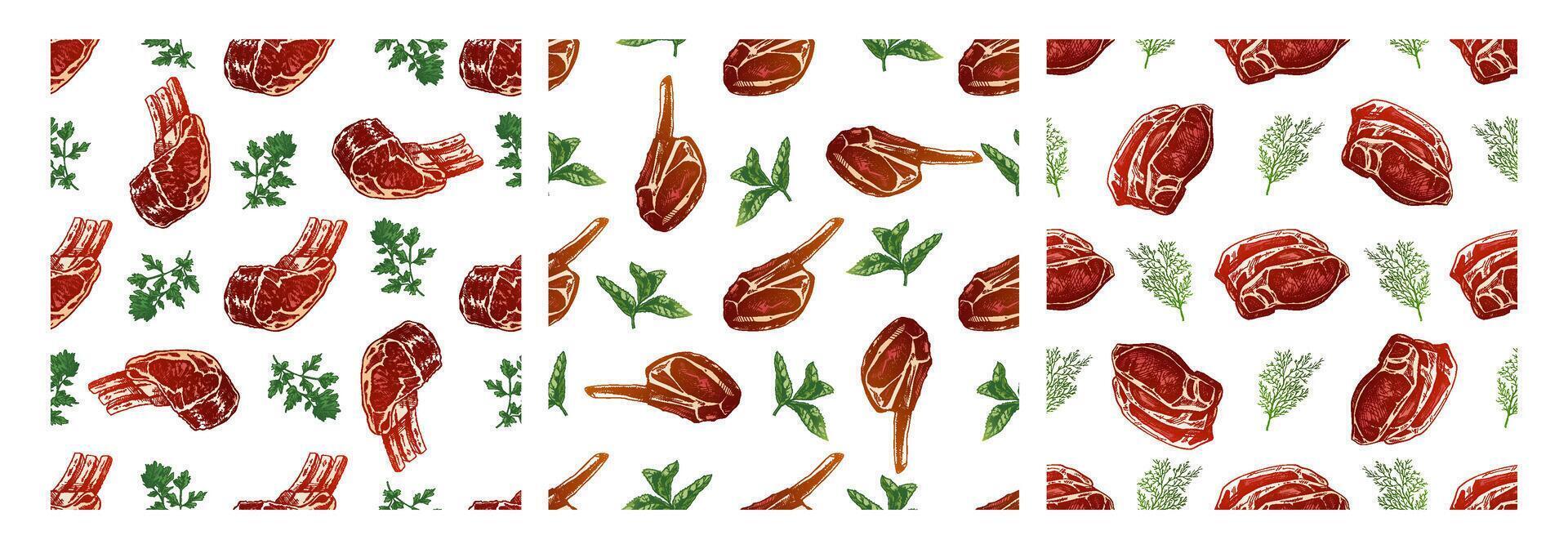 Seamless hand-drawn meat cuts pattern with herbs and spices vector