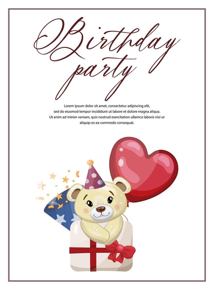 Birthday party card with teddy bear, gift and balloon vector