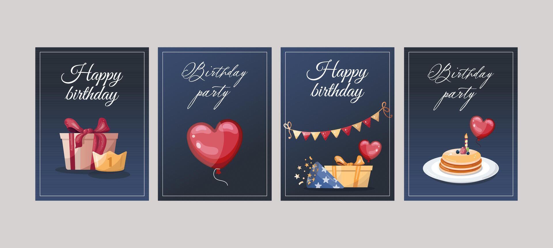 Elegant birthday card designs with balloons, cakes, and decorations vector