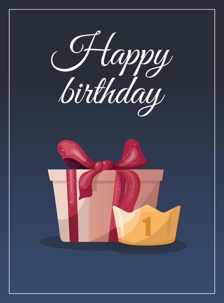 Happy birthday card with gift box and golden crown illustration vector
