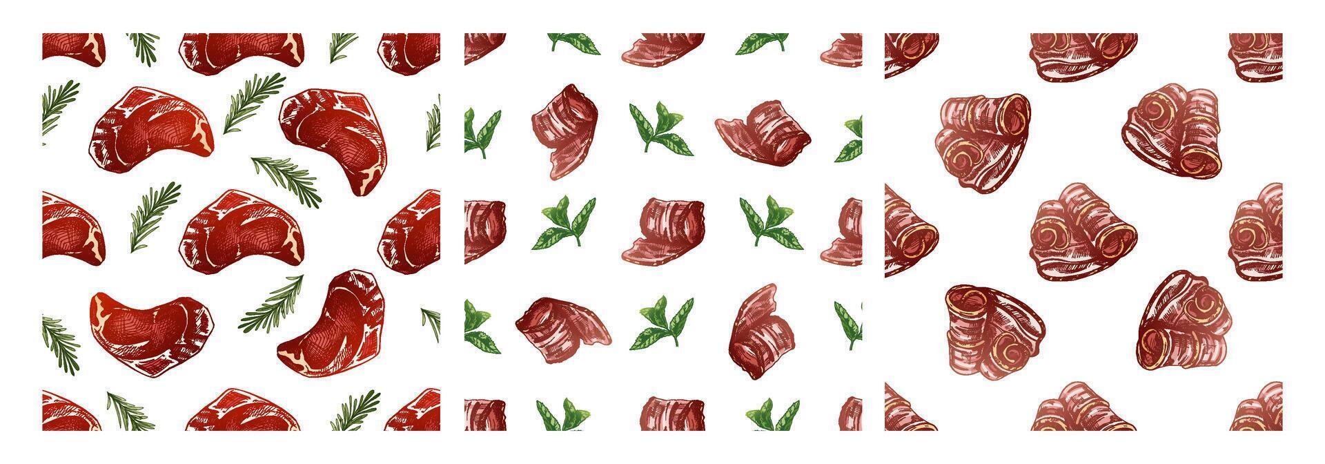 Seamless hand-drawn pattern of meat cuts with fresh herbs vector