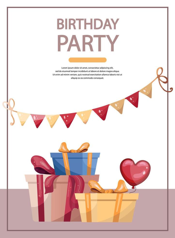 Birthday party card with gifts and festive decorations template vector