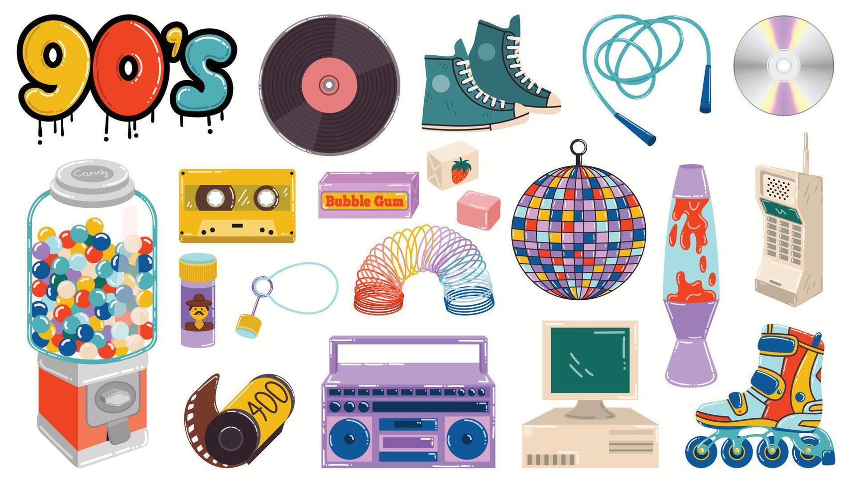 Cartoon retro 90s vibe collection of toys, candies and gadgets. 90s graffiti and boombox, bubble gum machine and retro personal computer. Set of y2k elements in flat style. vector