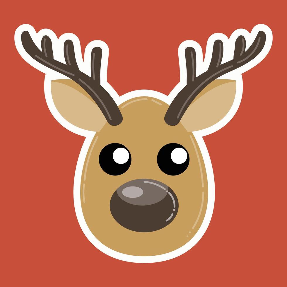Cute cartoon Christmas deer sticker isolated on red background. Greeting card or poster. vector
