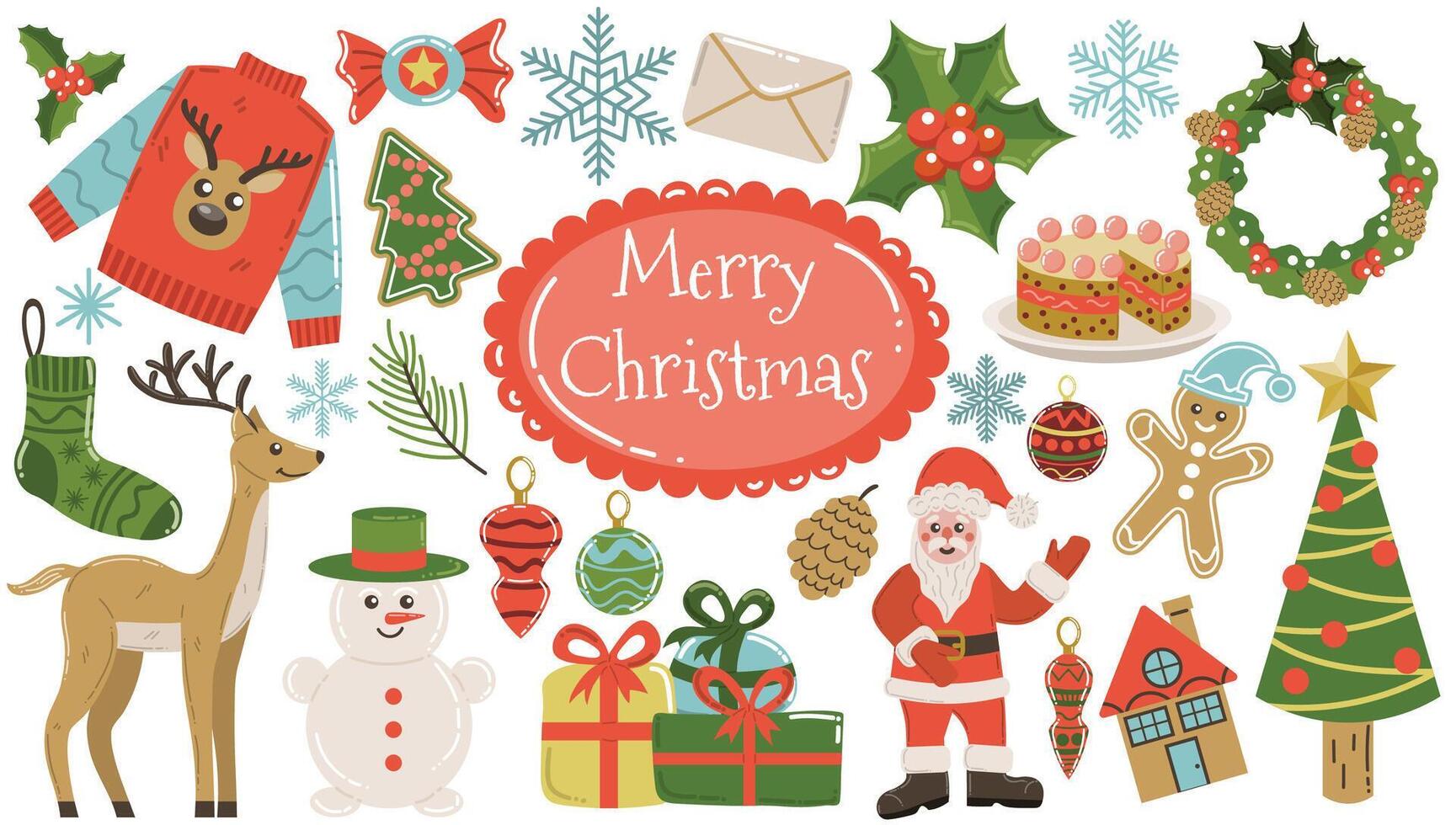 Cute cartoon Merry Christmas collection of design elements with Santa Claus and presents, snowman and deer, cake and wreath isolated on white. Winter holiday set. vector