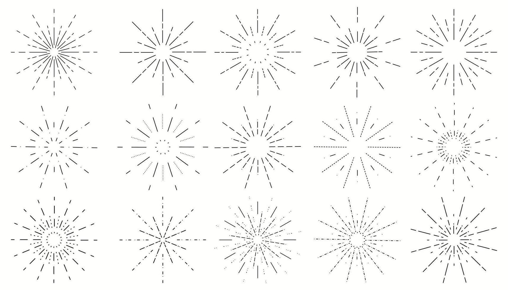 Round vintage sunburst rays collection. Thin line hipster firework or bursting stars design elements set. vector
