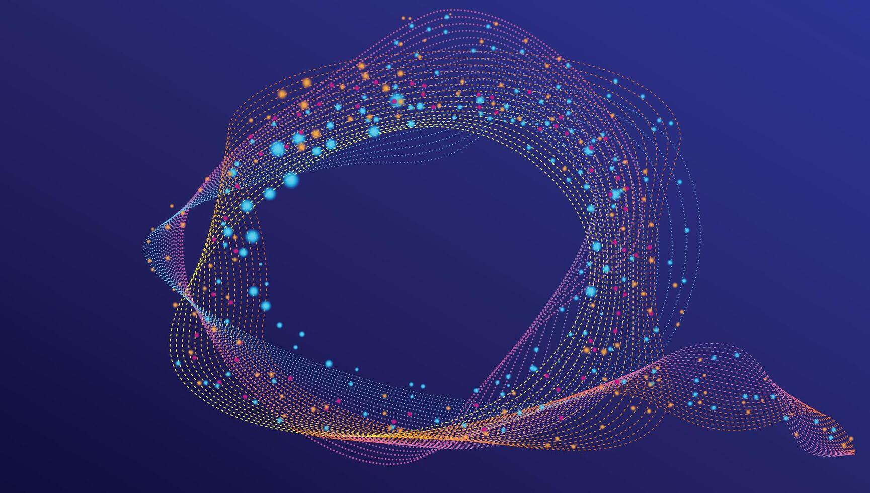 Flowing glowing dots particle, wave frame. Halftone gradient curve round shape isolated on blue background. vector