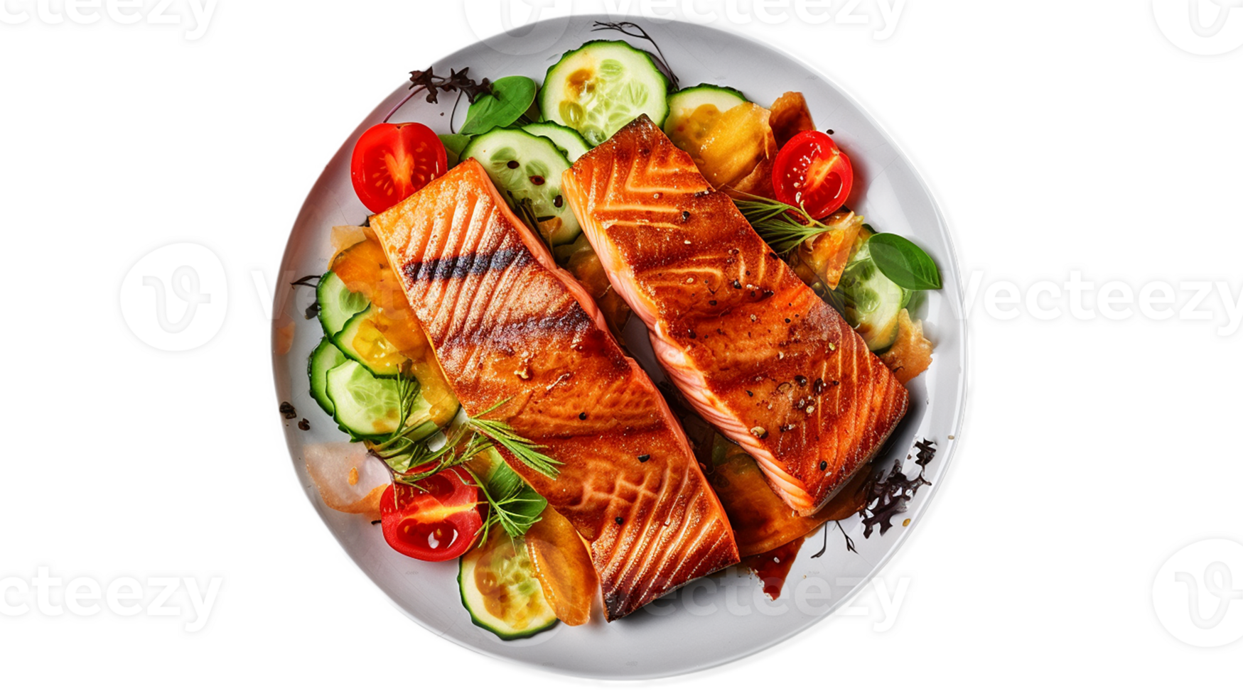 Two pieces of salmon are on a plate with vegetables png