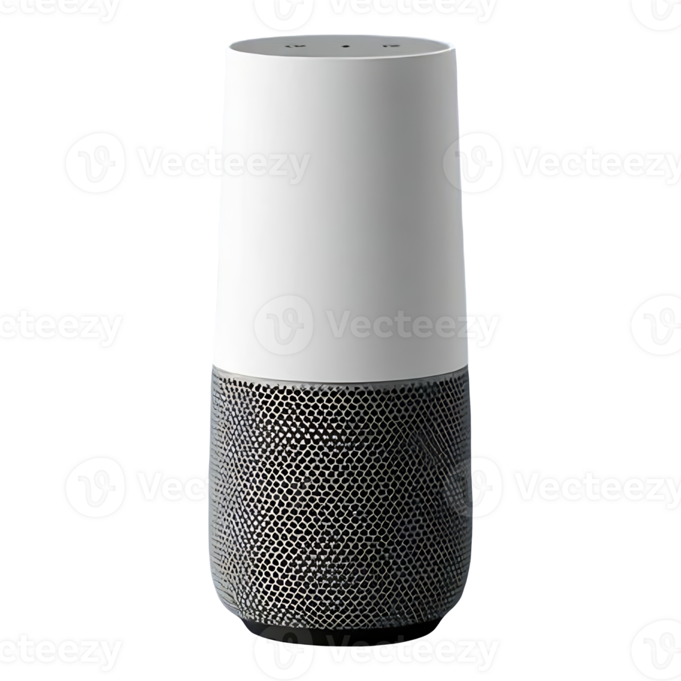A modern smart speaker with a cylindrical shape, featuring a white top section and a textured bottom. png