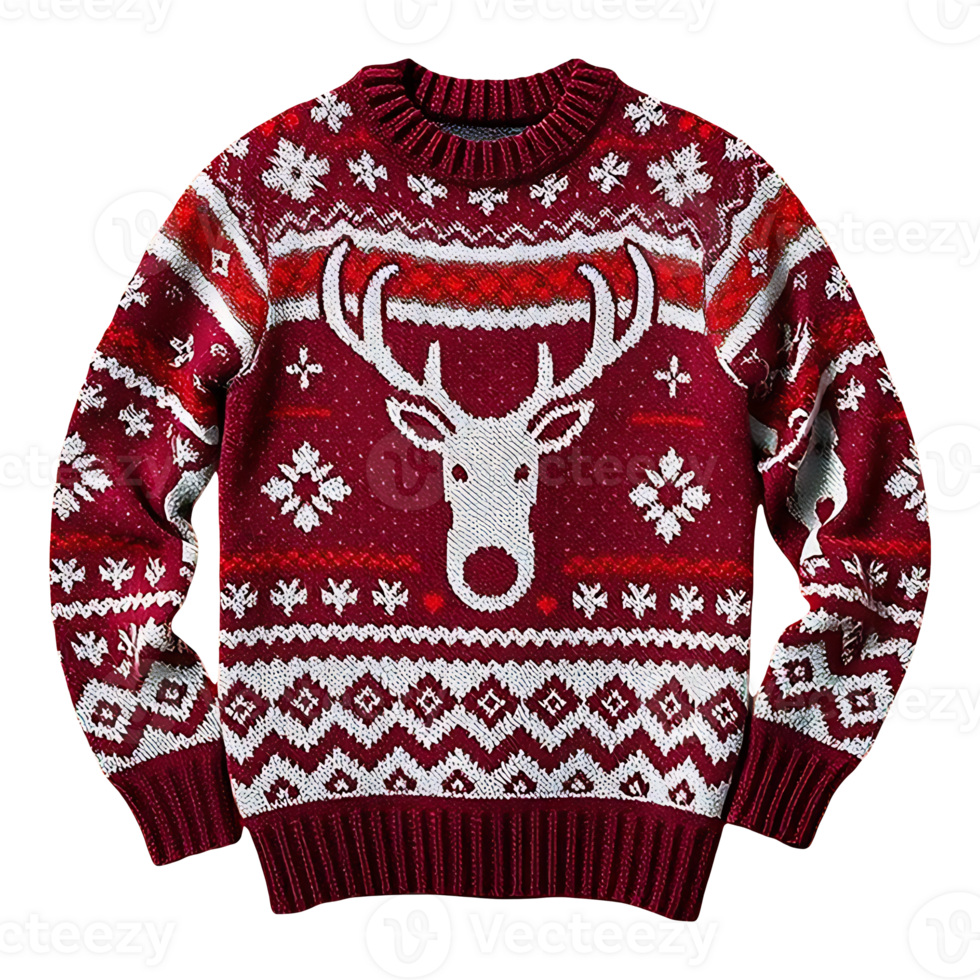 A festive red and white knitted sweater with a reindeer motif. png