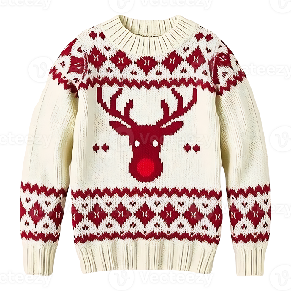 A knitted sweater featuring a reindeer design, with red and white colors. png