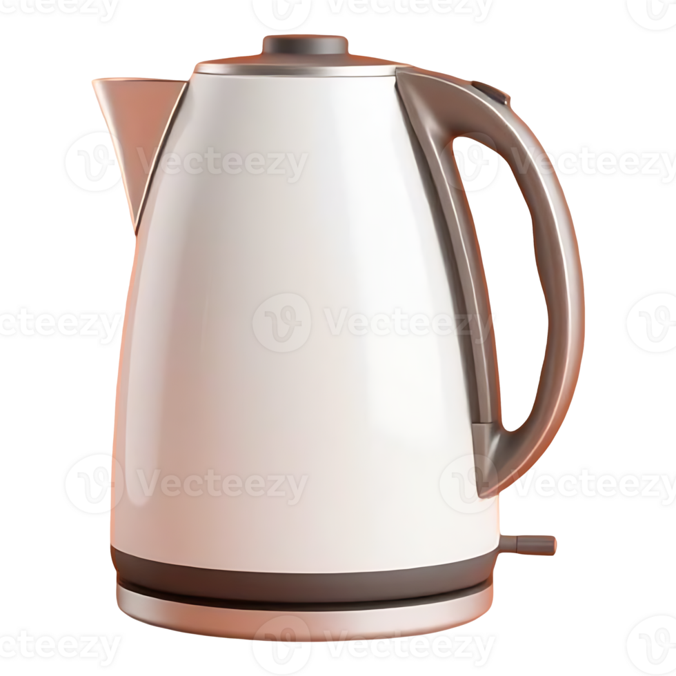 A sleek white electric kettle with a silver handle and spout. png