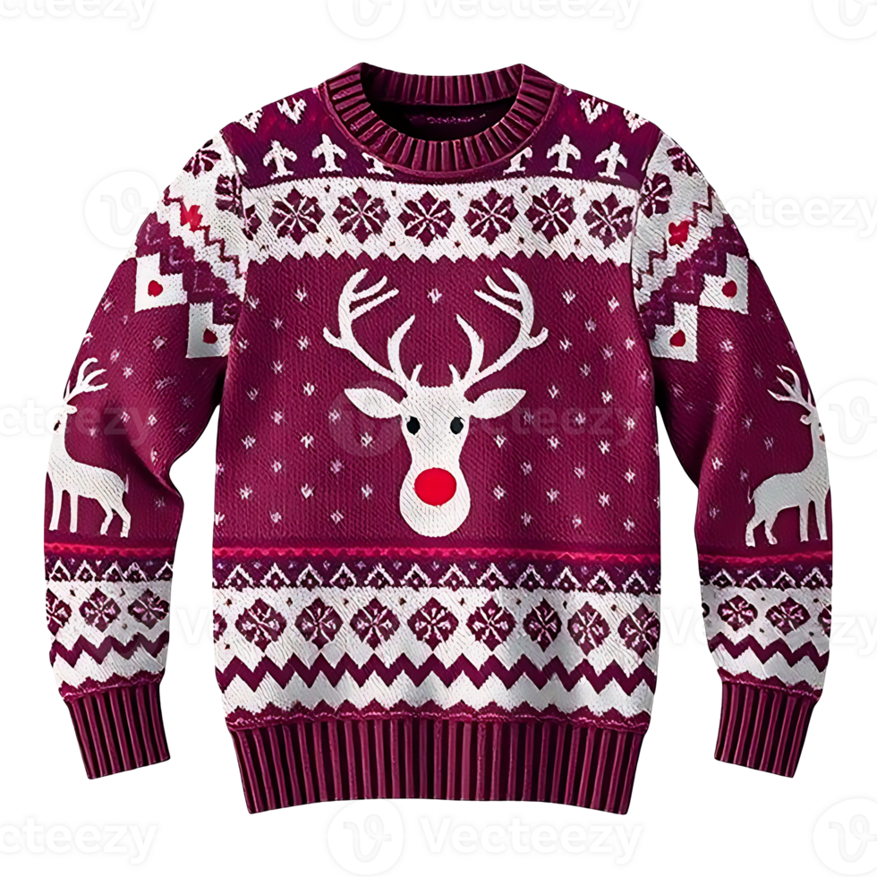A festive, burgundy sweater adorned with a reindeer and snowflake design. png