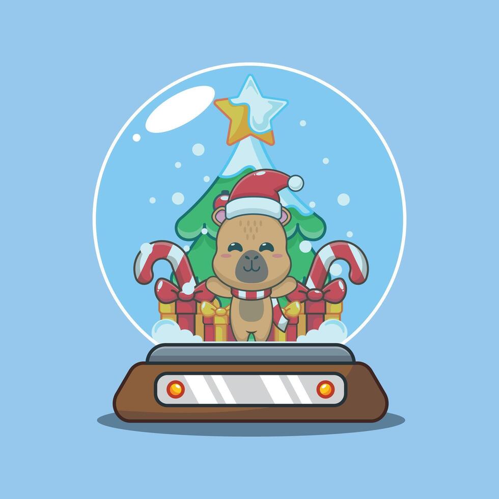 Cute capybara in snow globe. Cartoon illustration in Christmas day. vector