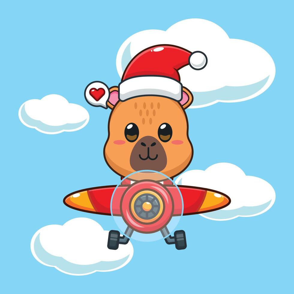 Cute capybara wearing santa hat fly with plane. CCartoon illustration in Christmas day. vector