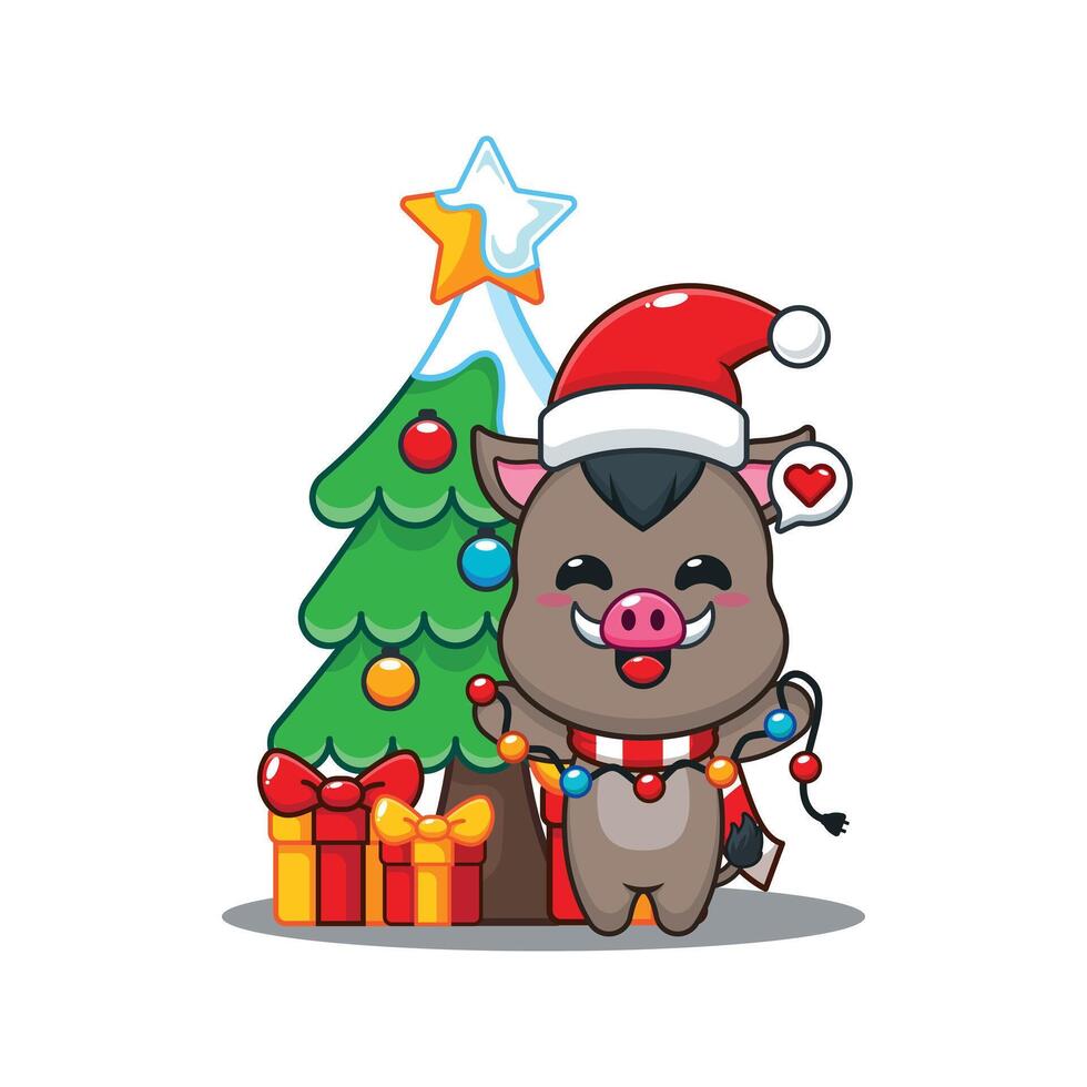 Cute boar with christmas lamp. Cartoon illustration in Christmas day. vector