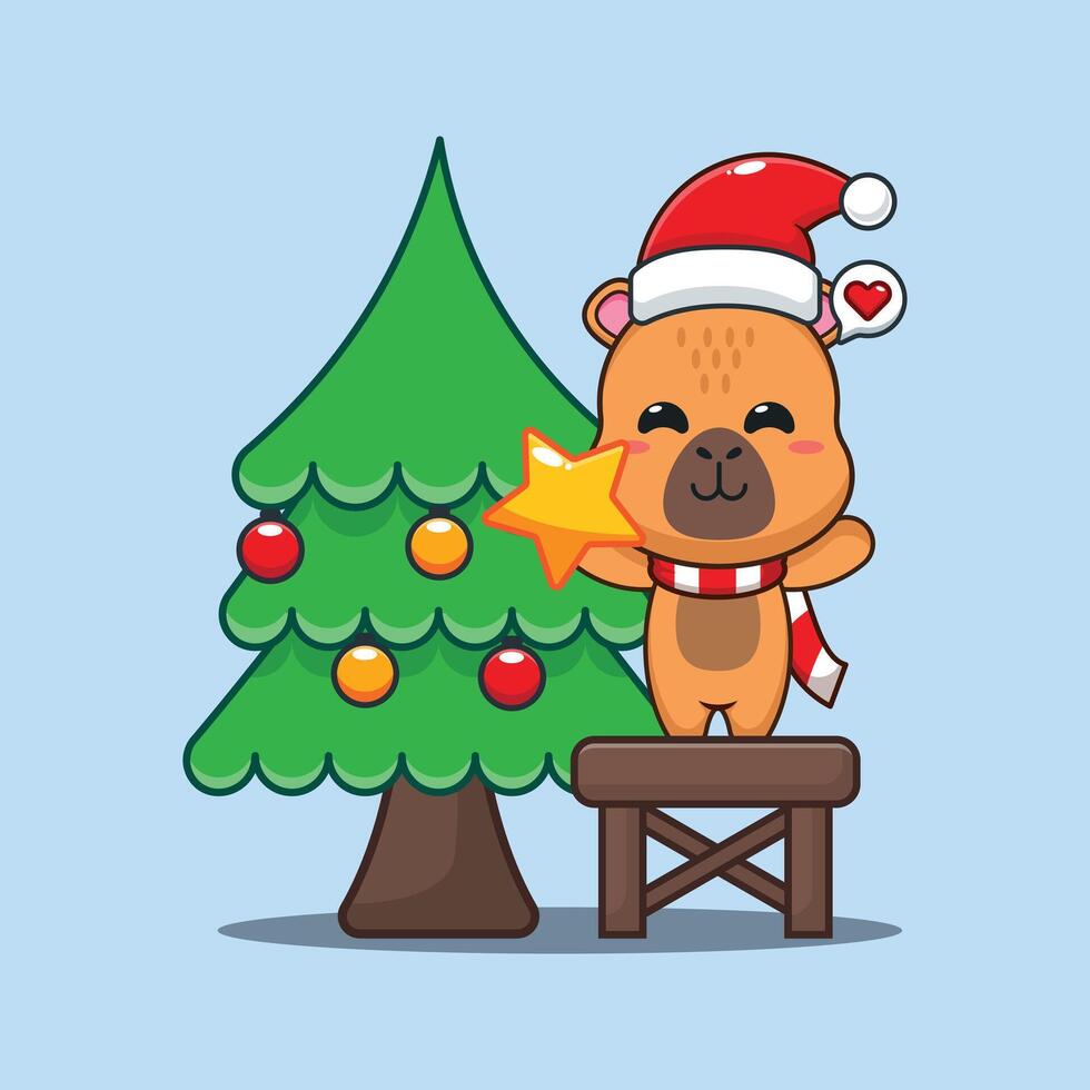 Cute capybara decorating the Christmas tree on Christmas day. Cartoon illustration in Christmas day. vector