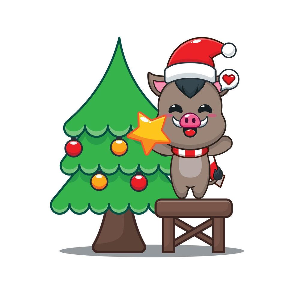 Cute boar decorating the Christmas tree on Christmas day. Cartoon illustration in Christmas day. vector