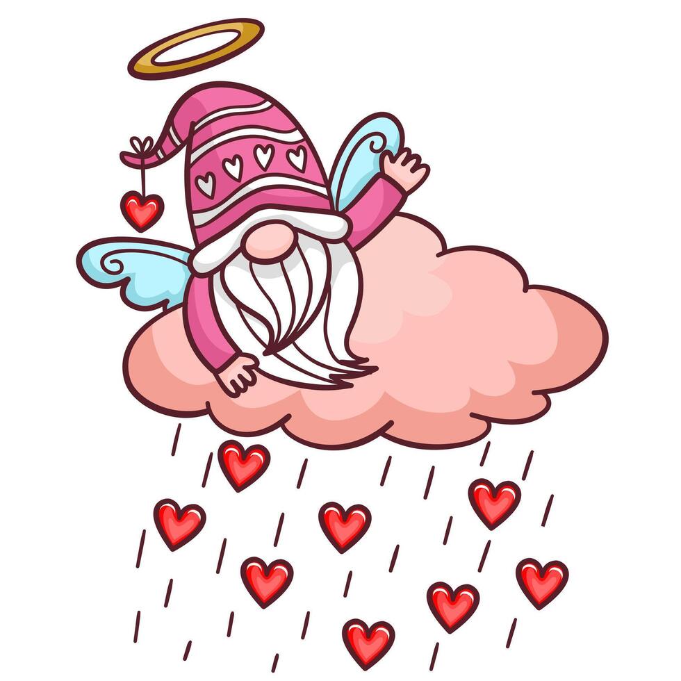 Cute Cupid Gnome with heart Rain in Valentines illustration by hand drawn. vector