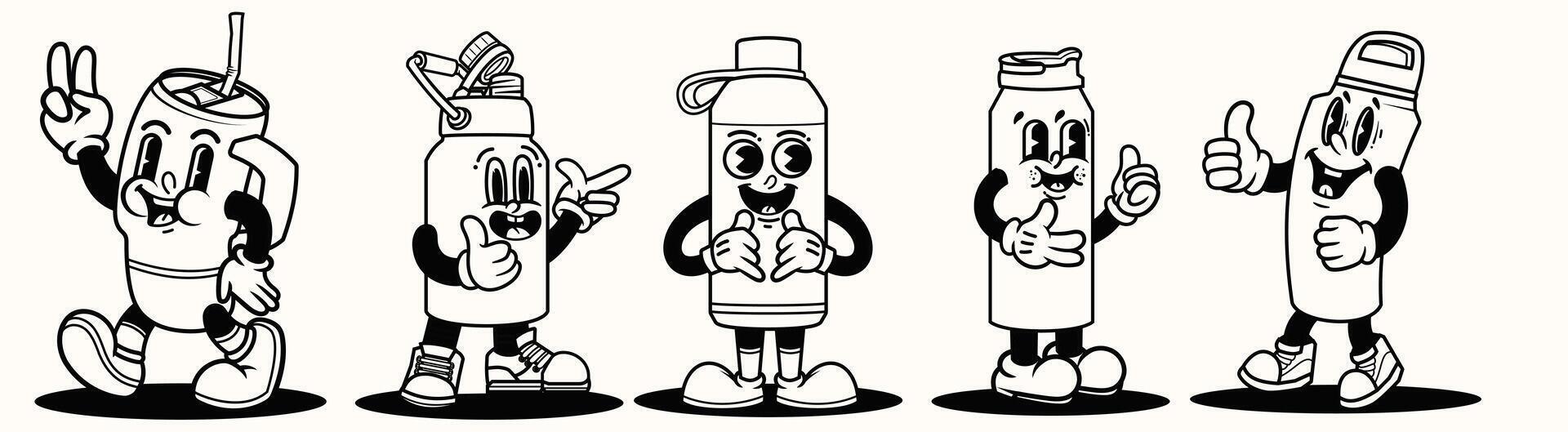 Set of Black and white Vintage mascot in many styles pose outline vector