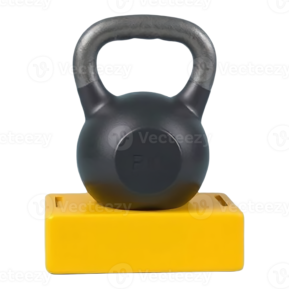 A black kettlebell with a metallic handle rests on a yellow platform. png