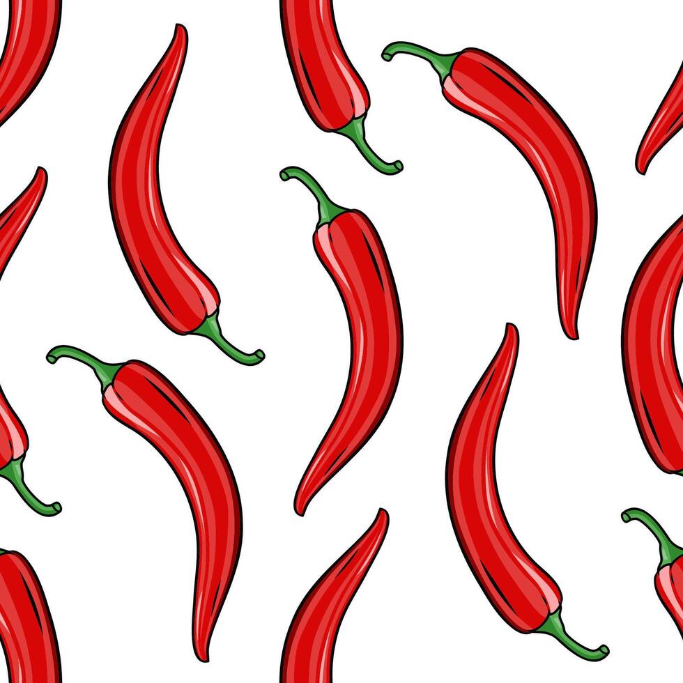 Seamless pattern with red chili peppers on a white background. Square seamless illustration with hot peppers. Chile wallpaper. Decorative background with vegetables. vector