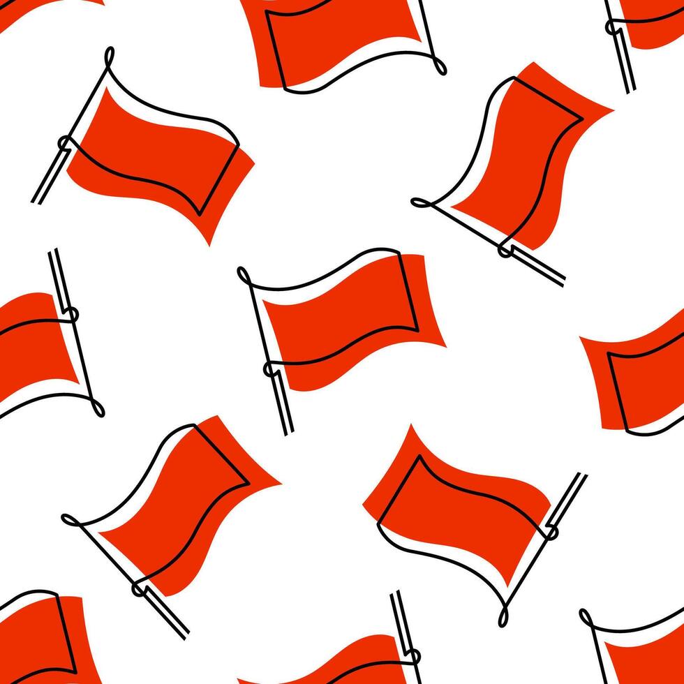 Seamless pattern or texture with red flags, continuous one line art hand drawing. Flags isolated on white background. Template for design banners, postcard, packaging or wrapping paper. vector