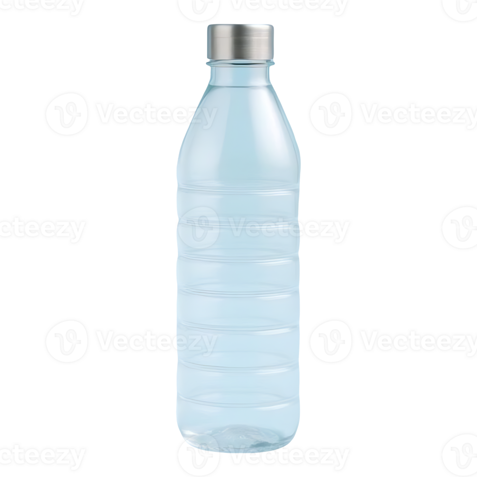 A clear plastic water bottle with a silver lid png