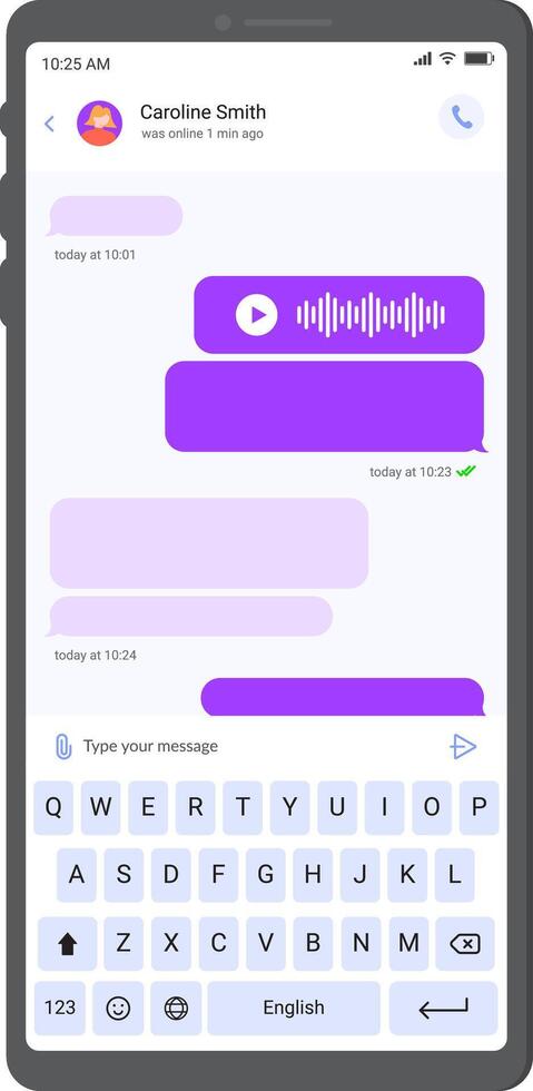 Smartphone displaying a chat conversation with audio message, text bubbles, and a virtual keyboard for typing, illustrating modern mobile communication vector