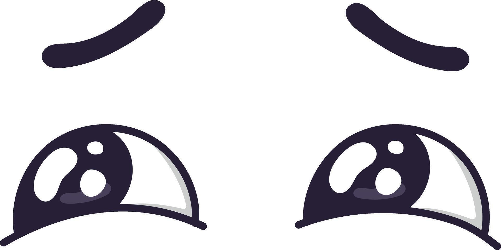 Two sad cartoon eyes are expressing sadness, looking down with eyebrows slightly raised and tears forming at the bottom of the irises, creating a melancholic and empathetic mood vector