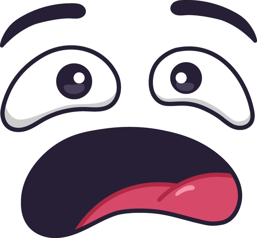Cartoon face expressing disgust and surprise with wide open eyes, raised eyebrows, open mouth and tongue sticking out, creating a funny and expressive character vector