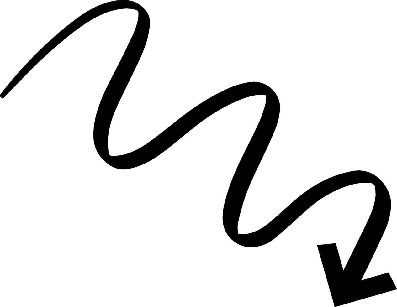 Continuous, hand drawn wavy arrow pointing downward, creating a dynamic and sketchy visual element with a bold, black outline against a clean white background vector