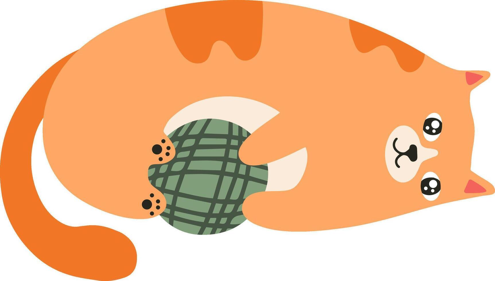 Adorable, playful orange cat lies on its back, embracing a green ball of yarn with its paws, creating a heartwarming and whimsical scene vector