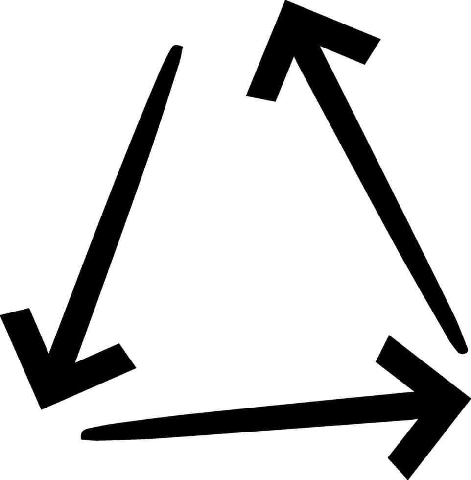 Set of three thick black hand drawn arrows pointing in different directions forming a triangle shape over a white background, suggesting a circular movement or a decision making process vector