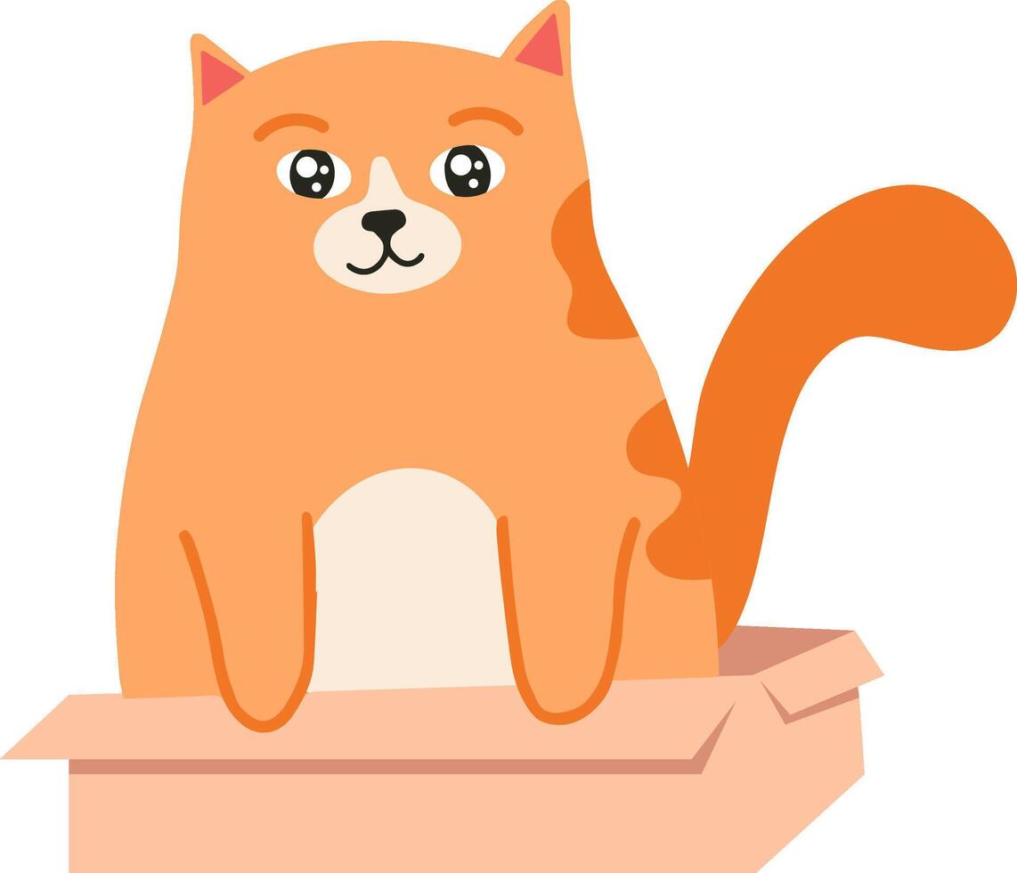 Adorable orange cat with a white belly and paws sitting playfully in a cardboard box, featuring a minimalist illustration set against a clean white background vector