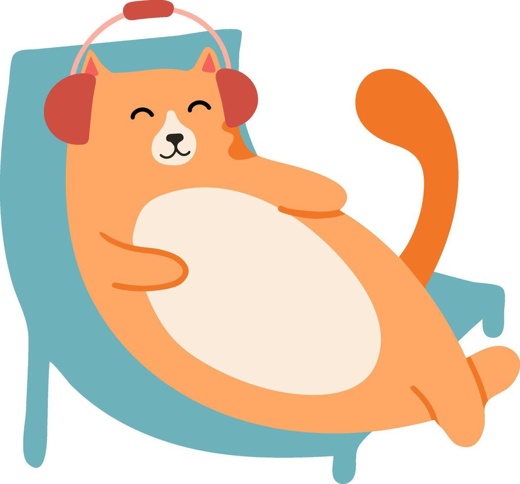 Cartoon ginger cat wearing headphones is relaxing and enjoying music while lying on a comfortable chaise lounge, creating a cozy and playful scene vector