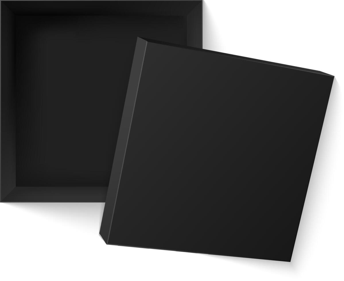 Realistic 3d illustration of a black square box opening, providing an empty cube package suitable for pizza or gifts, viewed from above vector