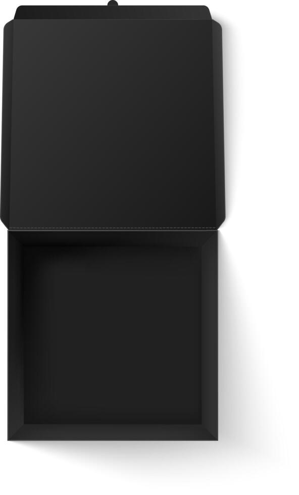 Realistic 3d illustration of an open black square pizza box from a top view, showcasing its empty interior and potential for customization or branding vector