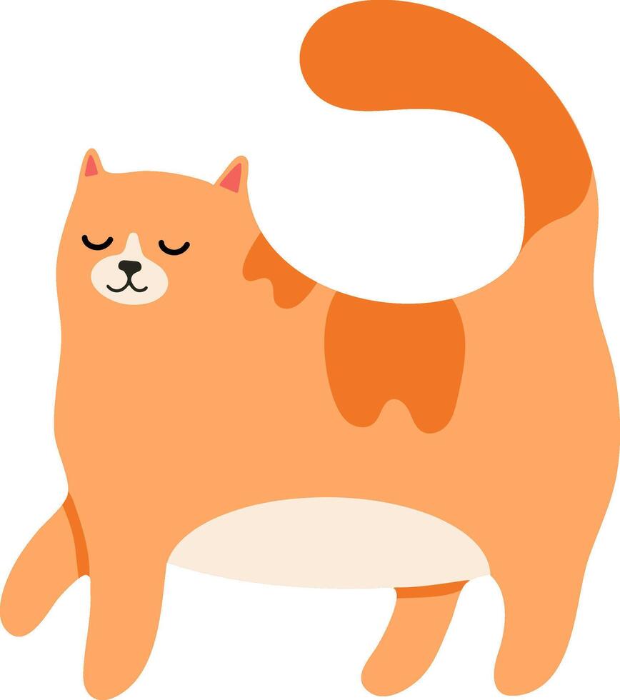 Cartoon illustration featuring a cute ginger cat walking joyfully with closed eyes and a raised tail, set against a clean white background, radiating charm and playfulness vector