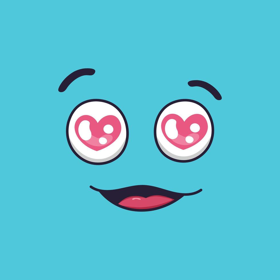 Cartoon face radiating love and affection, featuring heart shaped eyes that express deep romance and adoration against a vibrant blue background, creating a joyful atmosphere vector