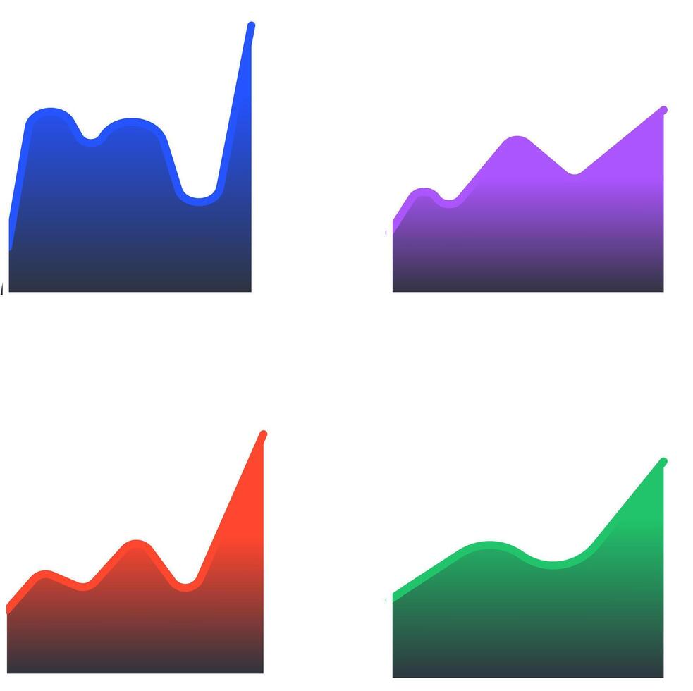 Featuring four vibrant business charts illustrating increasing, decreasing, fluctuating, and peaking trends, perfect for enhancing presentations and reports with clear visual data analysis vector